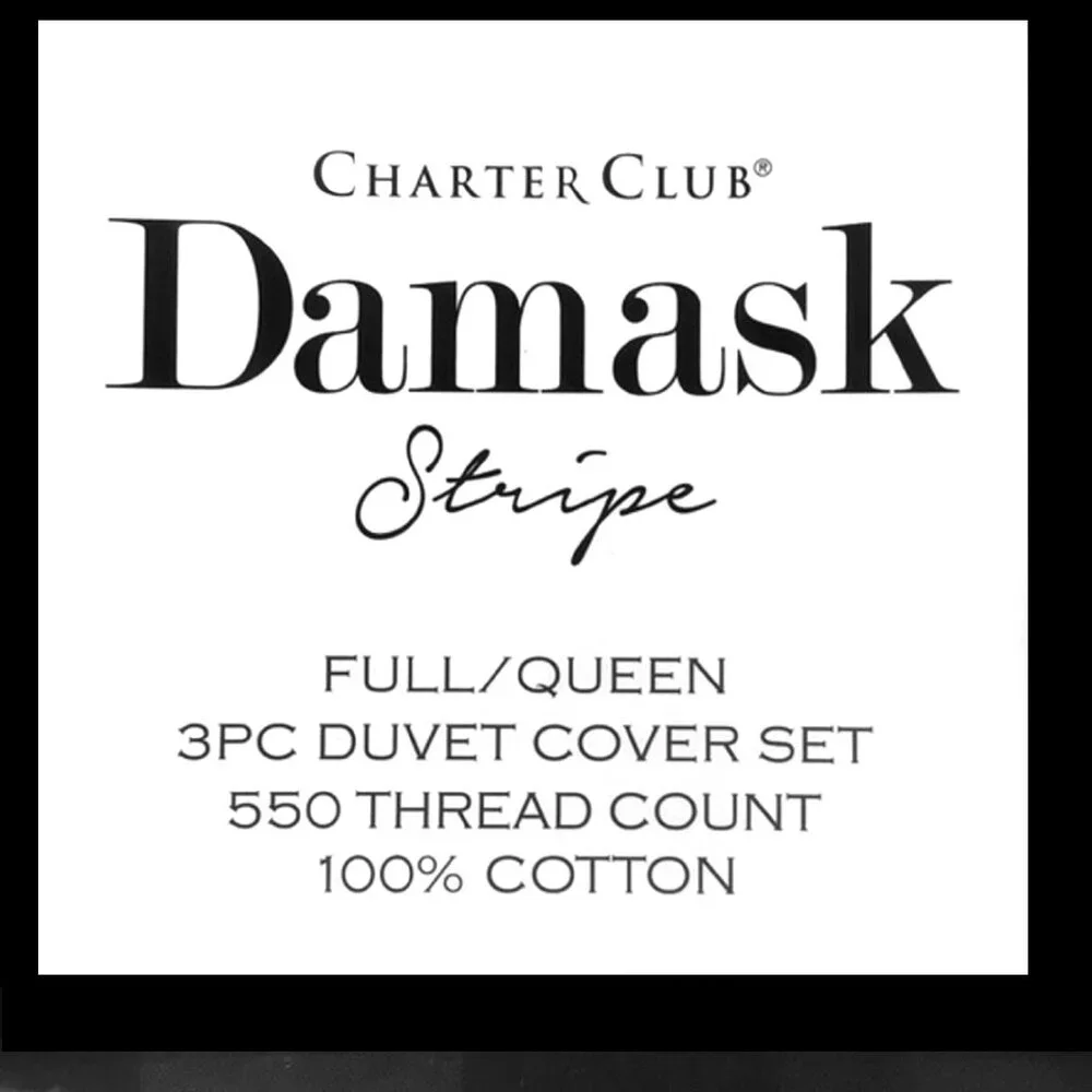 CHARCOAL GRAY Charter Club Stripe 550 TC 100% Cotton FULL/QUEEN Duvet Cover Set